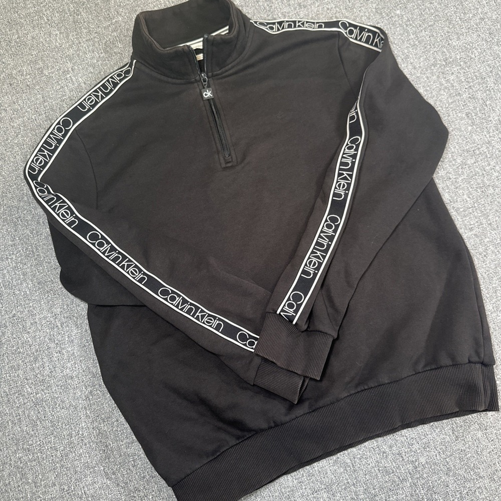 Calvin Klein Quarter Zip Pullover Mens M Black Logo Tape Fleece CK Sweatshirt